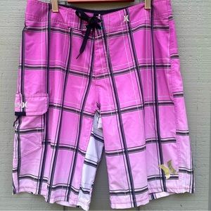 Hurley Plaid Board Shorts Swim Trunks 32" Pocket Lace Up Lightweight Logo
